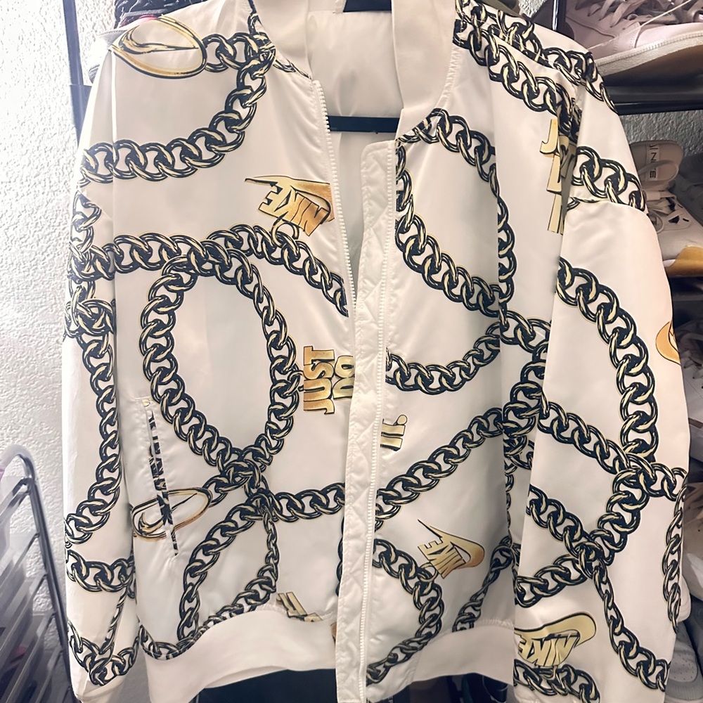 Nike Women's Chain Print Bomber Jacket - White and Black